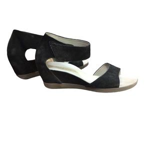 Paul Green Muchen Black Wedge Nubuck Leather Sandal US Size 9 Ankle Strap Shoe